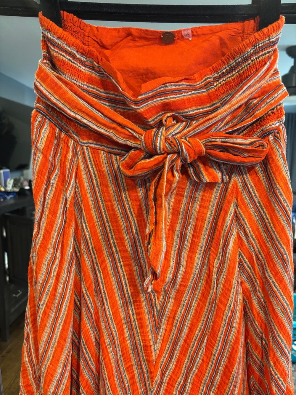Free People Orange Striped High waisted Ruffle bottom Skirt - Picture 3 of 6